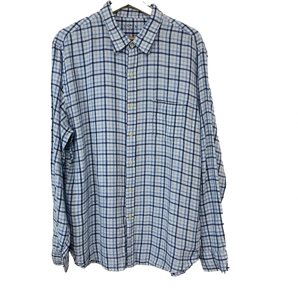 J Crew  Plaid Blue Irish Linen Button Up  Shirt Men  XL  Long Sleeve Travel Work